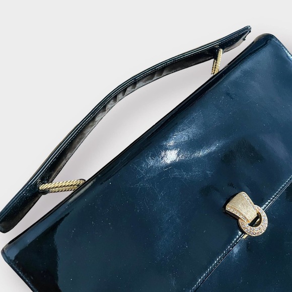 50s Koret Black Patent‎ Handbag with Gold Jeweled Clasp - Picture 4 of 9
